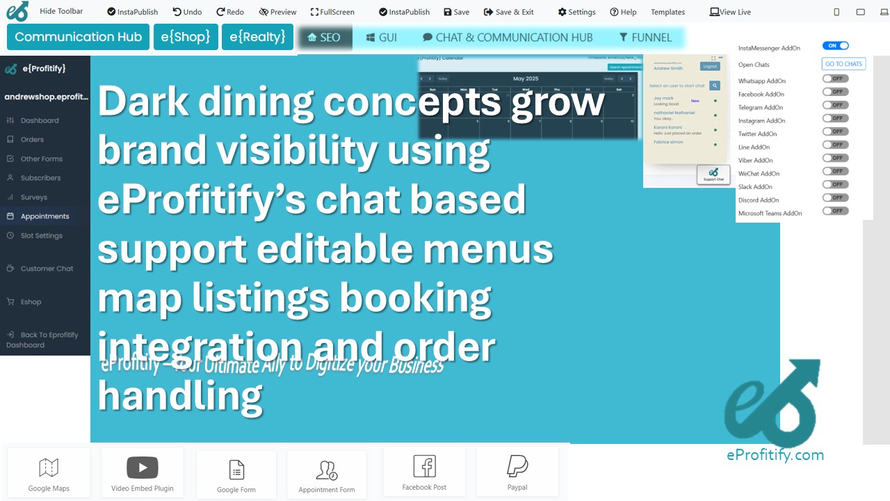 Dark dining concepts grow brand visibility using eProfitify’s chat based support editable menus map listings booking integration and order handling